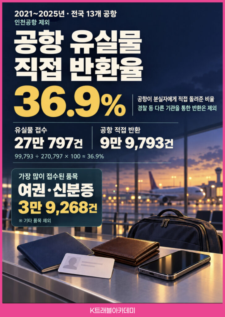 2021~2025년 인천공항을 제외한 전국 13개 공항의 유실물 직접 반환율 36.9% 카드 - 유실물 접수 27만 797건, 공항 직접 반환 9만 9,793건, 최다 품목 여권·신분증 3만 9,268건