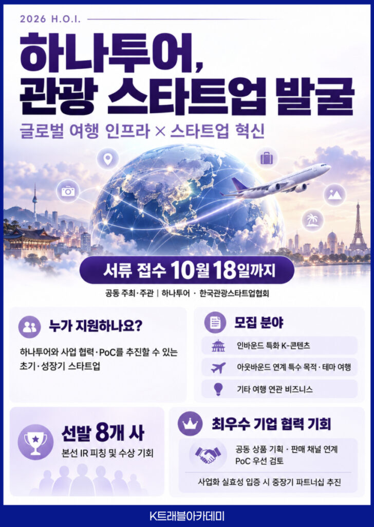 2026 H.O.I. 하나투어 관광 스타트업 발굴 – 한국관광스타트업협회 공동 주최, 서류 접수 10월 18일까지, 8개사 선발