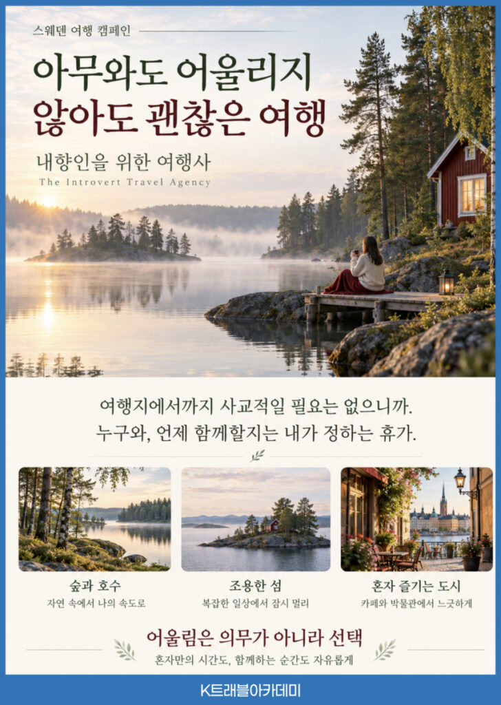 10월 13일 스웨덴 여행 캠페인 내향인을 위한 여행사 – 아무와도 어울리지 않아도 괜찮은 여행, 숲과 호수·조용한 섬·혼자 즐기는 도시