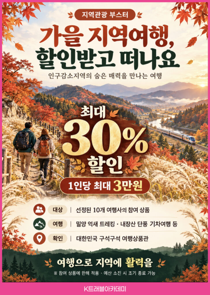 지역관광 부스터로 인구감소지역 가을 여행상품을 최대 30%, 1인당 최대 3만 원 할인한다는 카드