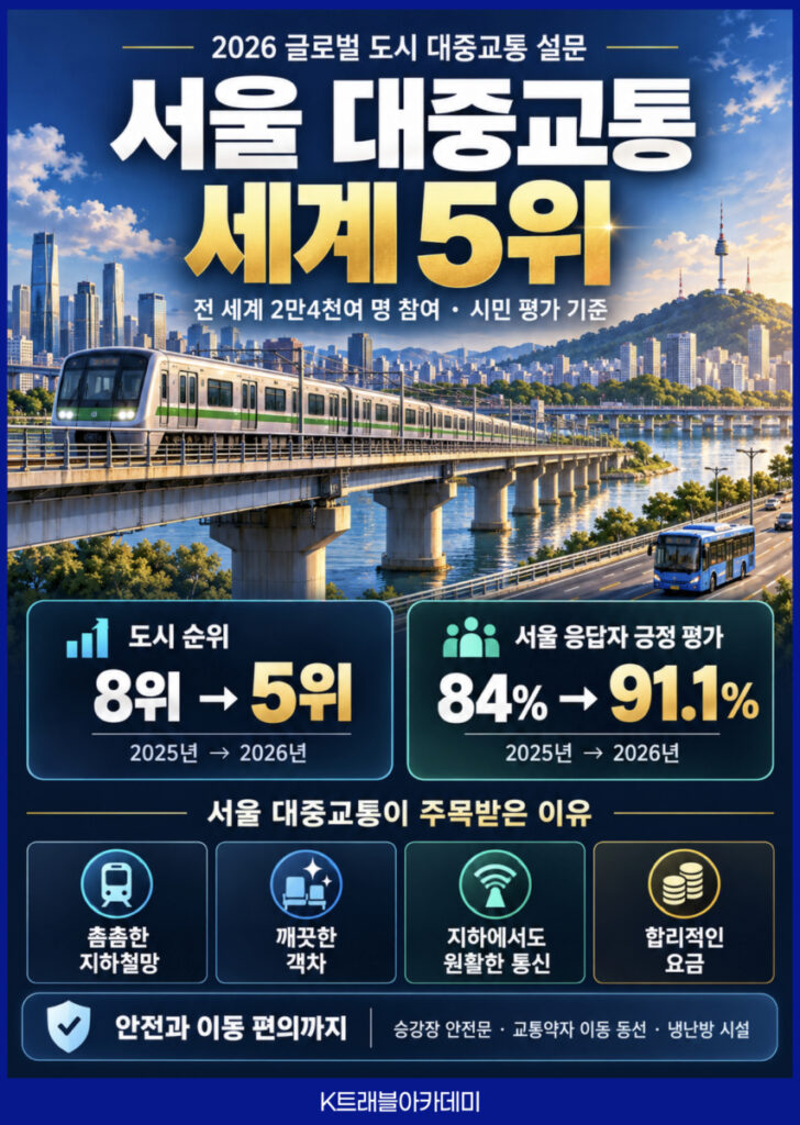 서울 대중교통 세계 5위 카드 - 타임아웃 2026 글로벌 도시 대중교통 설문에서 서울이 8위에서 5위로 오르고 긍정 평가가 84%에서 91.1%로 상승