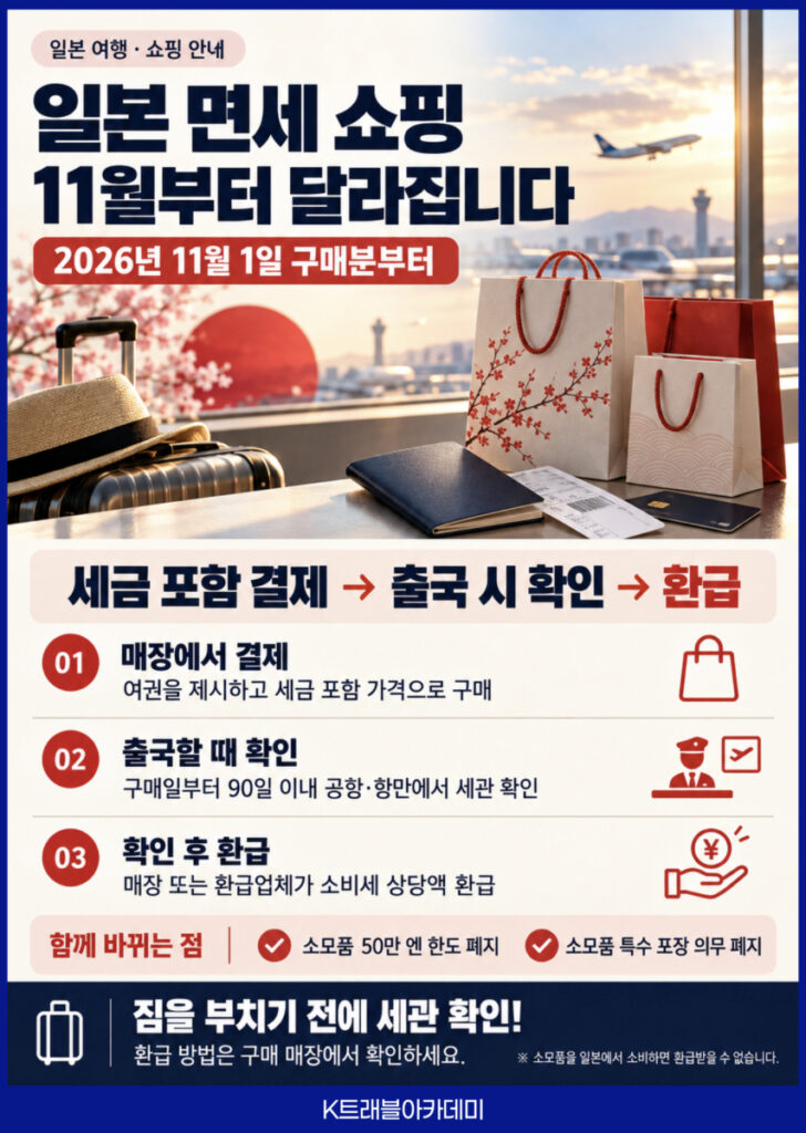 2026년 11월 1일 구매분부터 세금 포함 결제 후 출국 시 세관 확인을 거쳐 환급받는 일본 면세 쇼핑 제도 변경 안내 카드