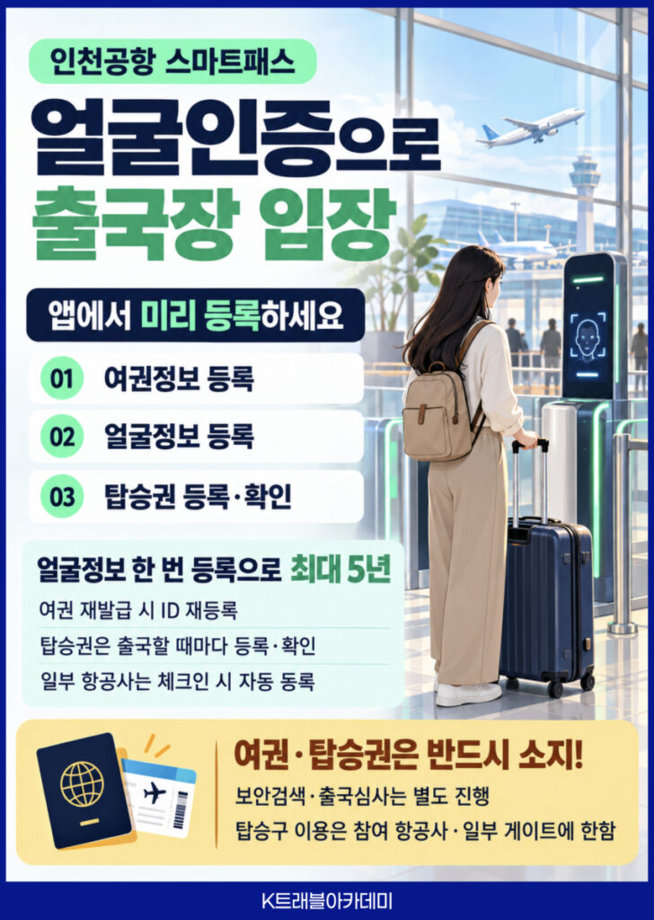 인천공항 스마트패스 얼굴인증 출국장 입장 안내 카드 - 앱에서 여권정보·얼굴정보·탑승권 등록, 얼굴정보 한 번 등록으로 최대 5년 이용, 여권과 탑승권은 반드시 소지