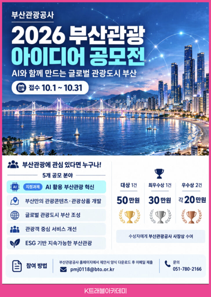 부산관광공사 2026 부산관광 아이디어 공모전 – AI와 함께 만드는 글로벌 관광도시 부산, 10월 1일~31일 접수, 대상 50만 원