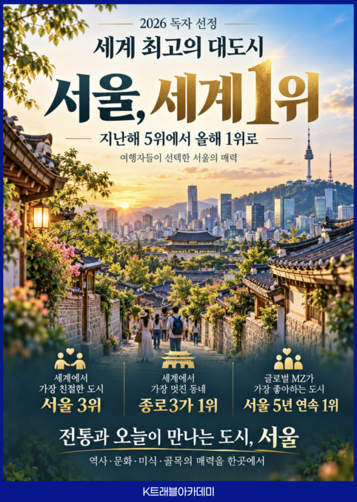 10월 12일 서울 세계 최고의 대도시 1위 – 2026 콘데나스트 트래블러 독자 선정, 지난해 5위에서 올해 1위, 종로3가 세계에서 가장 멋진 동네 1위