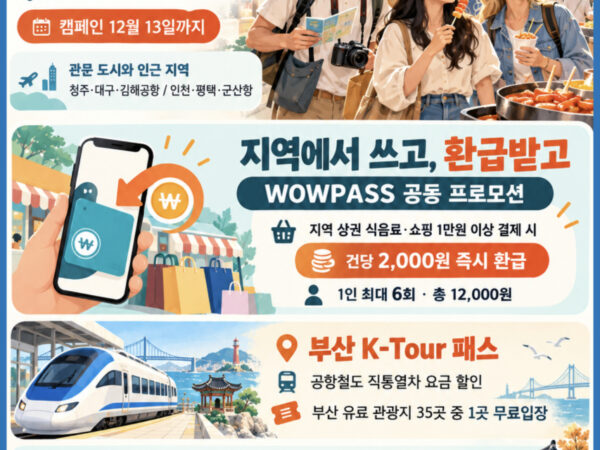 10월 8일 외국인 지역여행 고 로컬 캠페인(한국관광공사 언락 유어 코리아) – 한국의 로컬 여행 더 편리하게, 12월 13일까지 와우패스 건당 2,000원 즉시 환급과 부산 K-Tour 패스