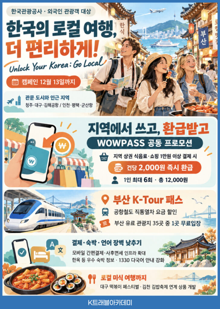 10월 8일 외국인 지역여행 고 로컬 캠페인(한국관광공사 언락 유어 코리아) – 한국의 로컬 여행 더 편리하게, 12월 13일까지 와우패스 건당 2,000원 즉시 환급과 부산 K-Tour 패스