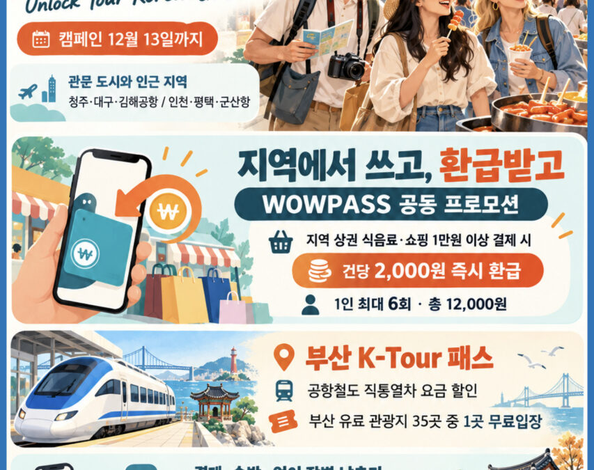 10월 8일 외국인 지역여행 고 로컬 캠페인(한국관광공사 언락 유어 코리아) – 한국의 로컬 여행 더 편리하게, 12월 13일까지 와우패스 건당 2,000원 즉시 환급과 부산 K-Tour 패스