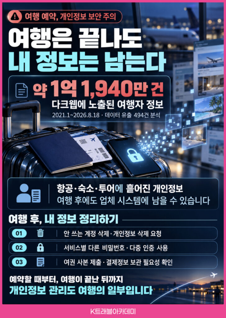 여행자 개인정보 약 1억 1,940만 건 다크웹 노출 – 여행은 끝나도 내 정보는 남는다, 여행 후 내 정보 정리하기 3가지(10월 14일 여행뉴스브리핑)