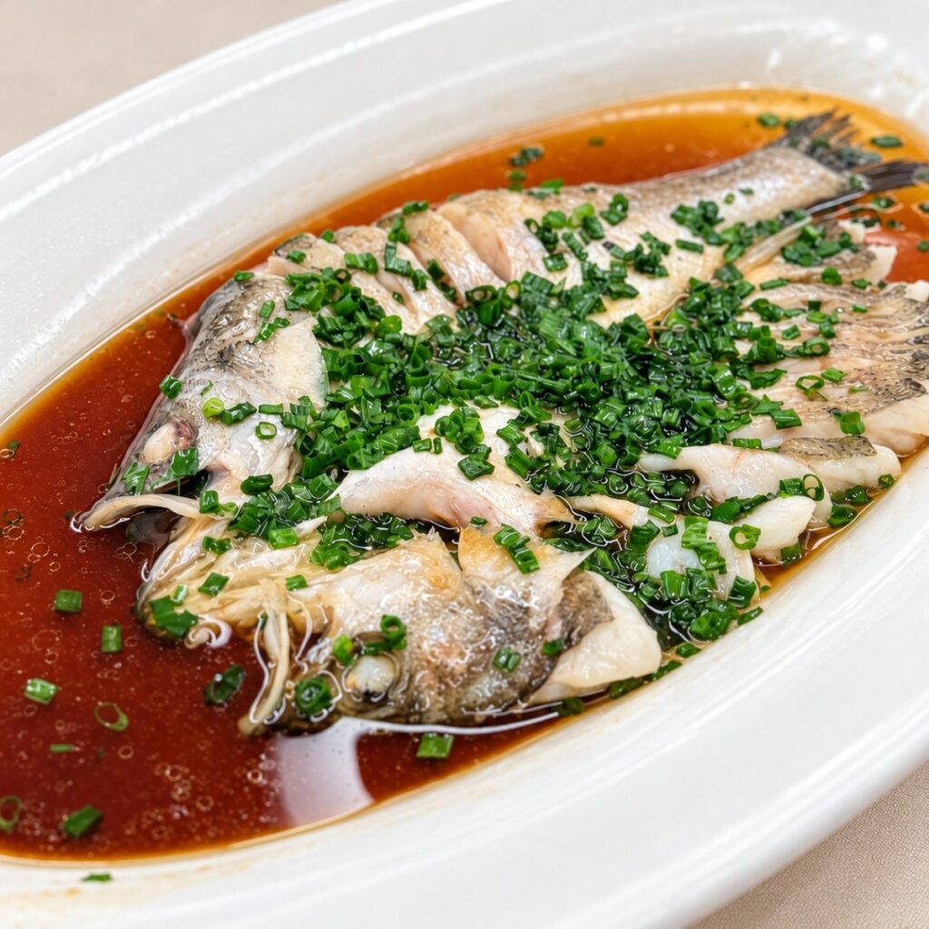 쪽파를 올린 간장 양념의 통생선찜